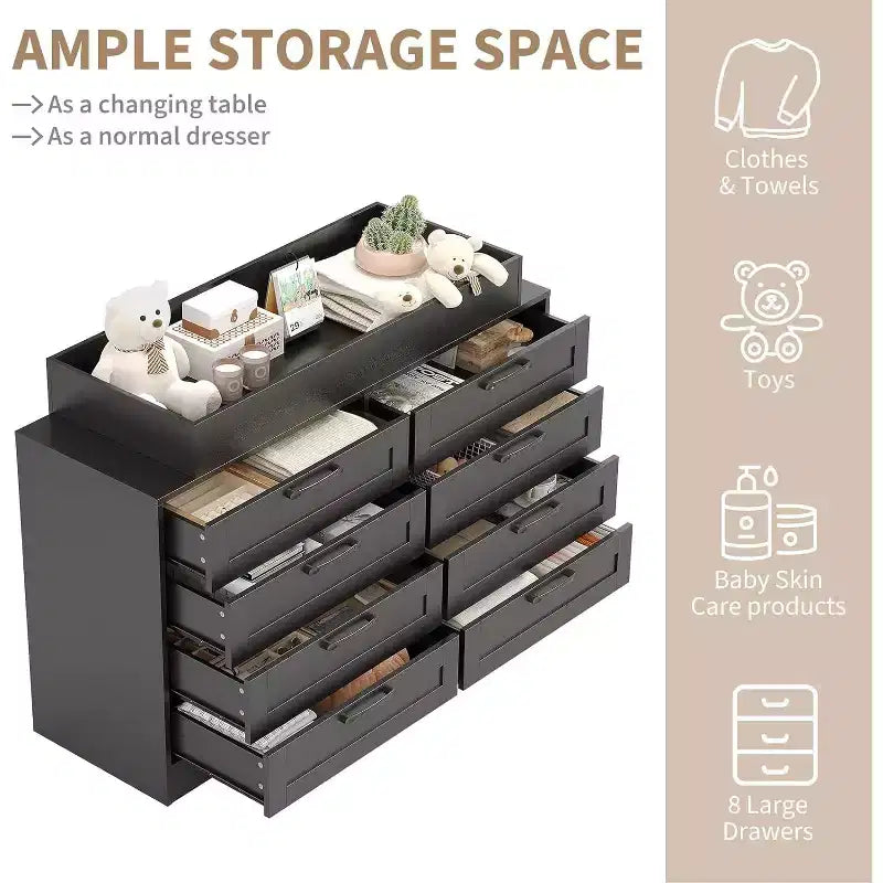 Nursery Dresser with Changing Table Top,Modern Baby Dresser with 8 Wood Drawers,Multi-Drawer Storage Diaper Changing Station with Safety Shelf Top