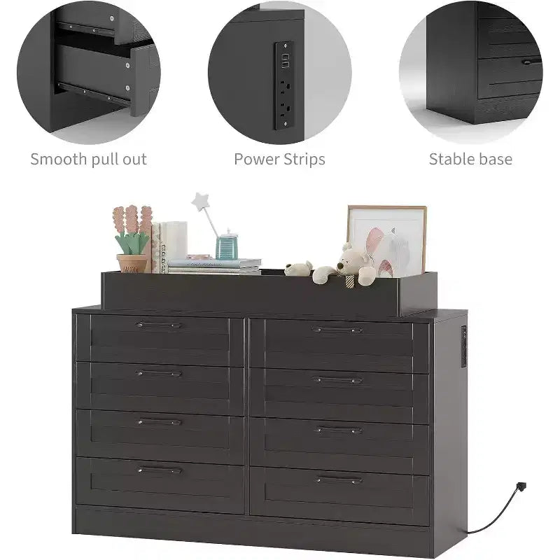 Nursery Dresser with Changing Table Top,Modern Baby Dresser with 8 Wood Drawers,Multi-Drawer Storage Diaper Changing Station with Safety Shelf Top