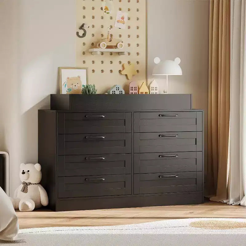 Nursery Dresser with Changing Table Top,Modern Baby Dresser with 8 Wood Drawers,Multi-Drawer Storage Diaper Changing Station with Safety Shelf Top