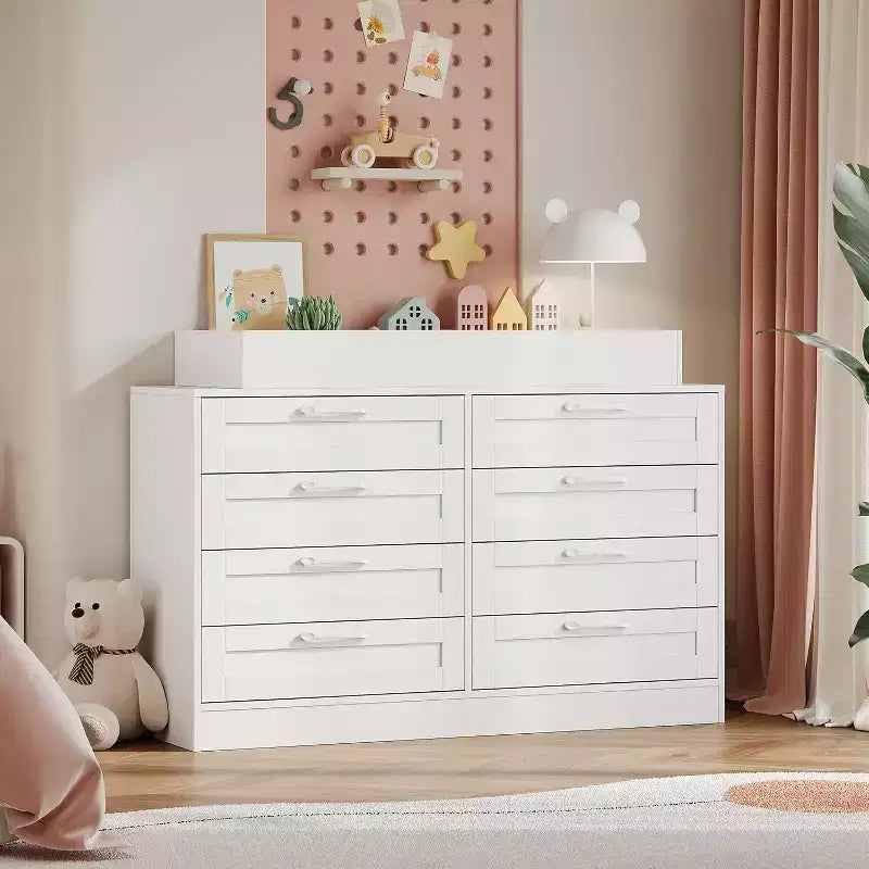 Nursery Dresser with Changing Table Top,Modern Baby Dresser with 8 Wood Drawers,Multi-Drawer Storage Diaper Changing Station with Safety Shelf Top