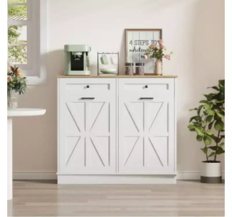 Melamine Board Kitchen Trash Cabinet with Rice Pattern Fabric Bag,
