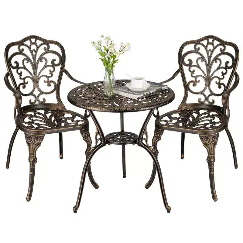 COZONY Cast Aluminum Bistro Set, 3-Piece Outdoor Patio Table and Chairs with Umbrella Hole for Balcony Garden