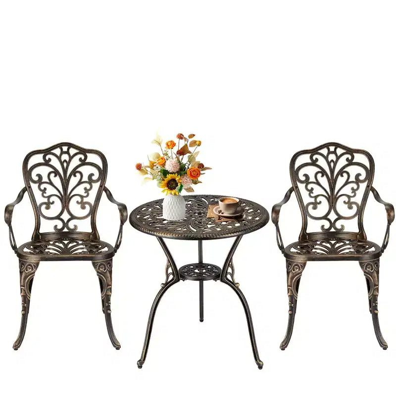 COZONY Cast Aluminum Bistro Set, 3-Piece Outdoor Patio Table and Chairs with Umbrella Hole for Balcony Garden
