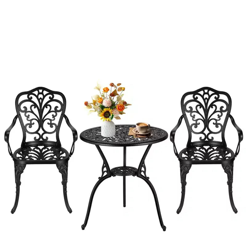COZONY Cast Aluminum Bistro Set, 3-Piece Outdoor Patio Table and Chairs with Umbrella Hole for Balcony Garden