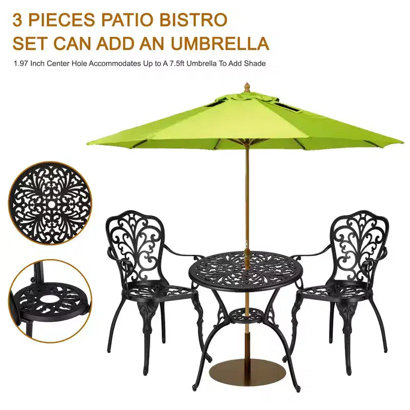 COZONY Cast Aluminum Bistro Set, 3-Piece Outdoor Patio Table and Chairs with Umbrella Hole for Balcony Garden