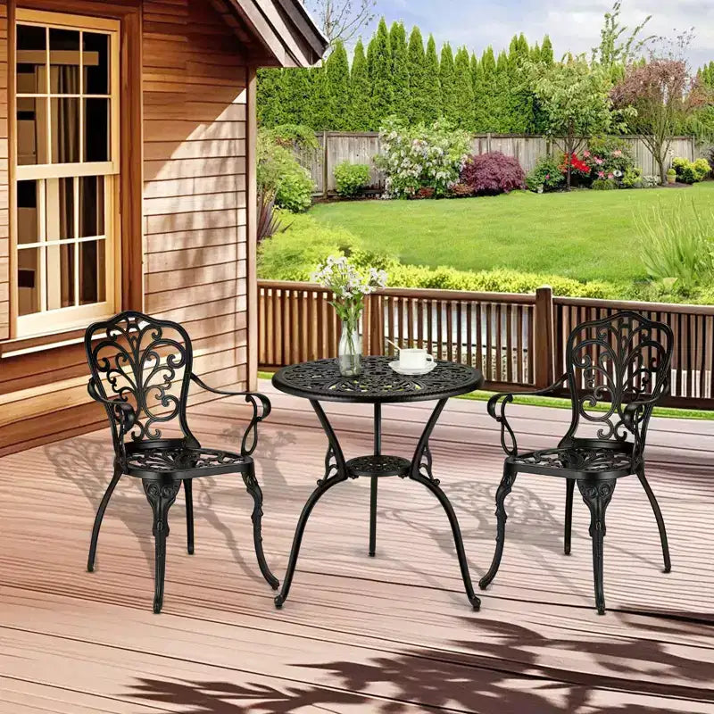 COZONY Cast Aluminum Bistro Set, 3-Piece Outdoor Patio Table and Chairs with Umbrella Hole for Balcony Garden