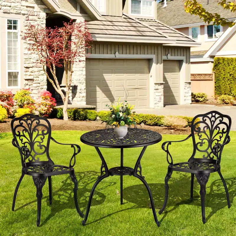 COZONY Cast Aluminum Bistro Set, 3-Piece Outdoor Patio Table and Chairs with Umbrella Hole for Balcony Garden