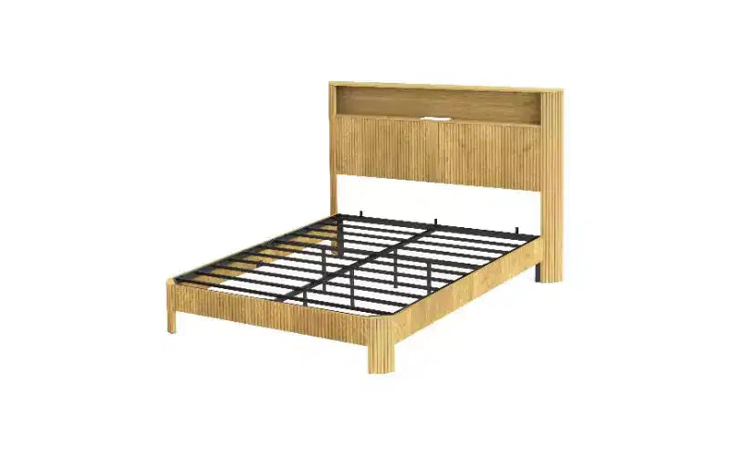 TUYOHW Platform Bed Frame with Wave-Curved Panel, Sturdy Metal & Wood Queen Size Bed with Storage Headboard, Built-in Charging Station,Noise-Canceling