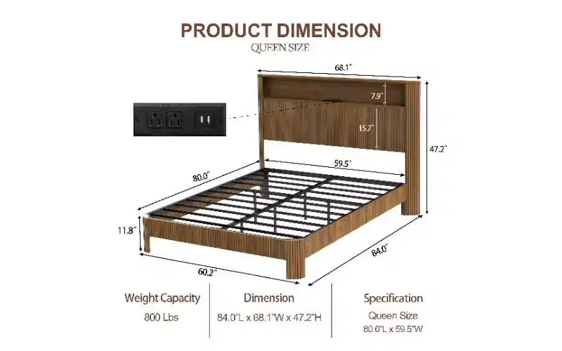 TUYOHW Platform Bed Frame with Wave-Curved Panel, Sturdy Metal & Wood Queen Size Bed with Storage Headboard, Built-in Charging Station,Noise-Canceling