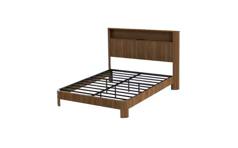 TUYOHW Platform Bed Frame with Wave-Curved Panel, Sturdy Metal & Wood Queen Size Bed with Storage Headboard, Built-in Charging Station,Noise-Canceling