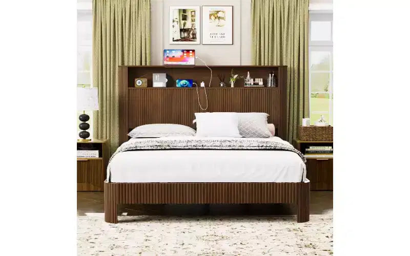 TUYOHW Platform Bed Frame with Wave-Curved Panel, Sturdy Metal & Wood Queen Size Bed with Storage Headboard, Built-in Charging Station,Noise-Canceling