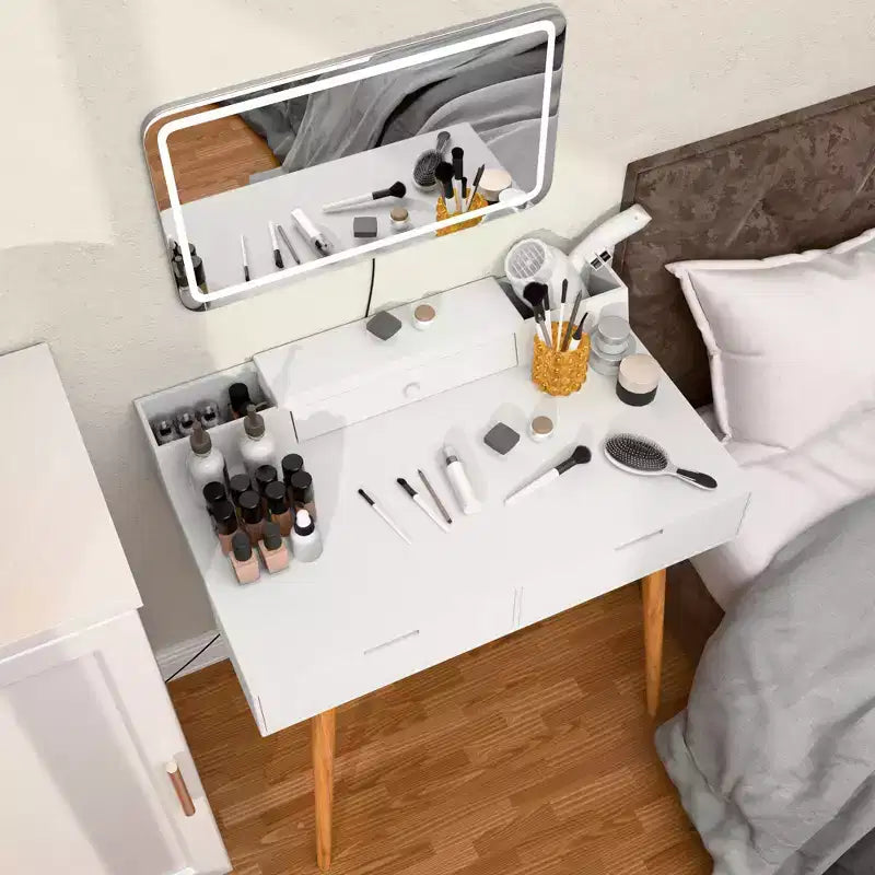Okak Modern Vanity Desk with Removable Mirror, 3 Color Modes Adjustable Makeup Desk, Dressing Table for Living Room, Bedroom, White