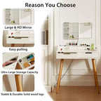 Okak Modern Vanity Desk with Removable Mirror, 3 Color Modes Adjustable Makeup Desk, Dressing Table for Living Room, Bedroom, White