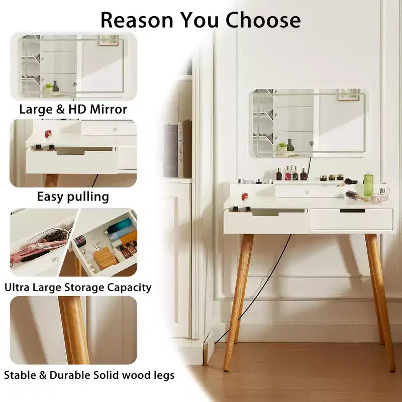 Okak Modern Vanity Desk with Removable Mirror, 3 Color Modes Adjustable Makeup Desk, Dressing Table for Living Room, Bedroom, White