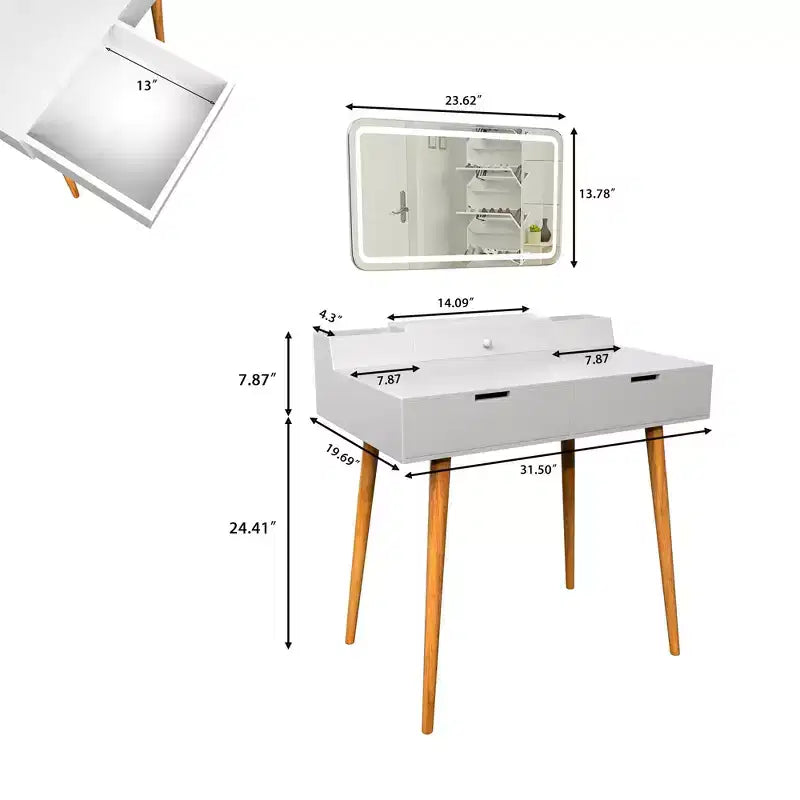 Okak Modern Vanity Desk with Removable Mirror, 3 Color Modes Adjustable Makeup Desk, Dressing Table for Living Room, Bedroom, White