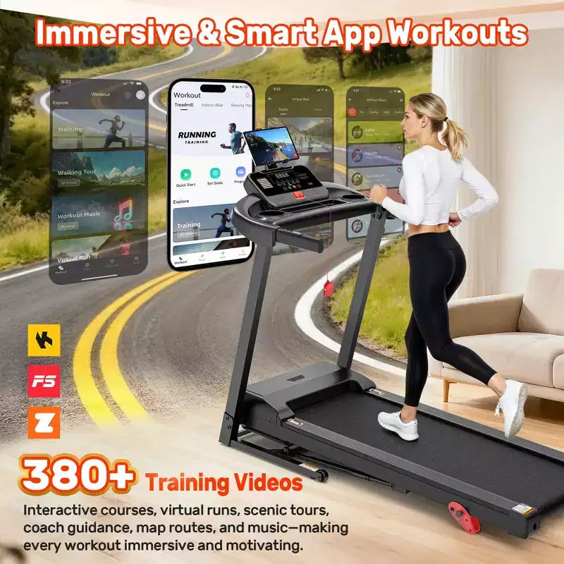 Inclined Treadmill w/ 300lb Capacity,3.75HP Folding Treadmill for Home,71 Program,APP Control,7.5MPH,HiFi Speaker,Shock-Absorbing, Knee Strap Gift