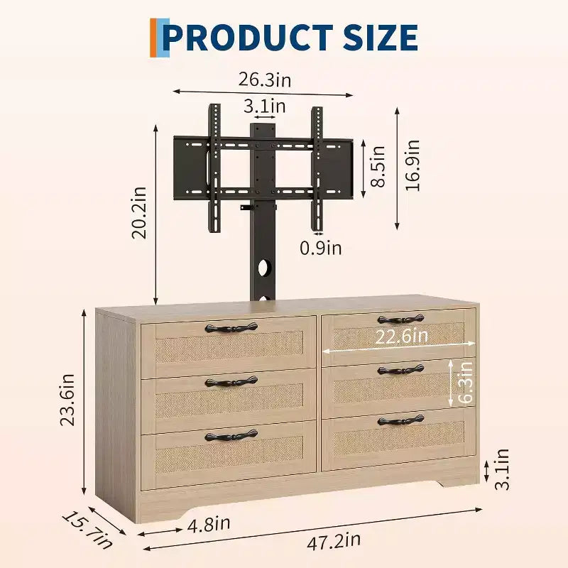 47.2 Inch Natural 6-Drawer TV Stand, Rattan Weave Entertainment Center for 32-85 Inch TVs, for Living Room, Easy Assembly