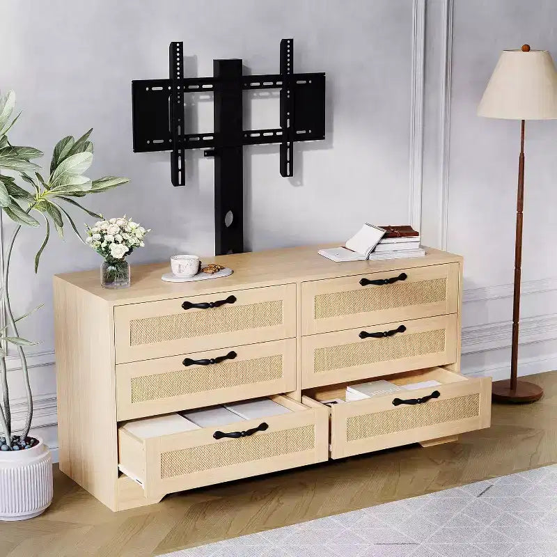 47.2 Inch Natural 6-Drawer TV Stand, Rattan Weave Entertainment Center for 32-85 Inch TVs, for Living Room, Easy Assembly
