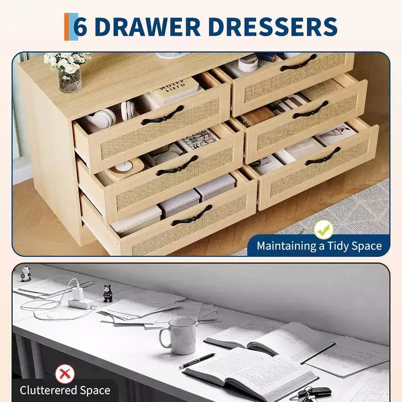 47.2 Inch Natural 6-Drawer TV Stand, Rattan Weave Entertainment Center for 32-85 Inch TVs, for Living Room, Easy Assembly
