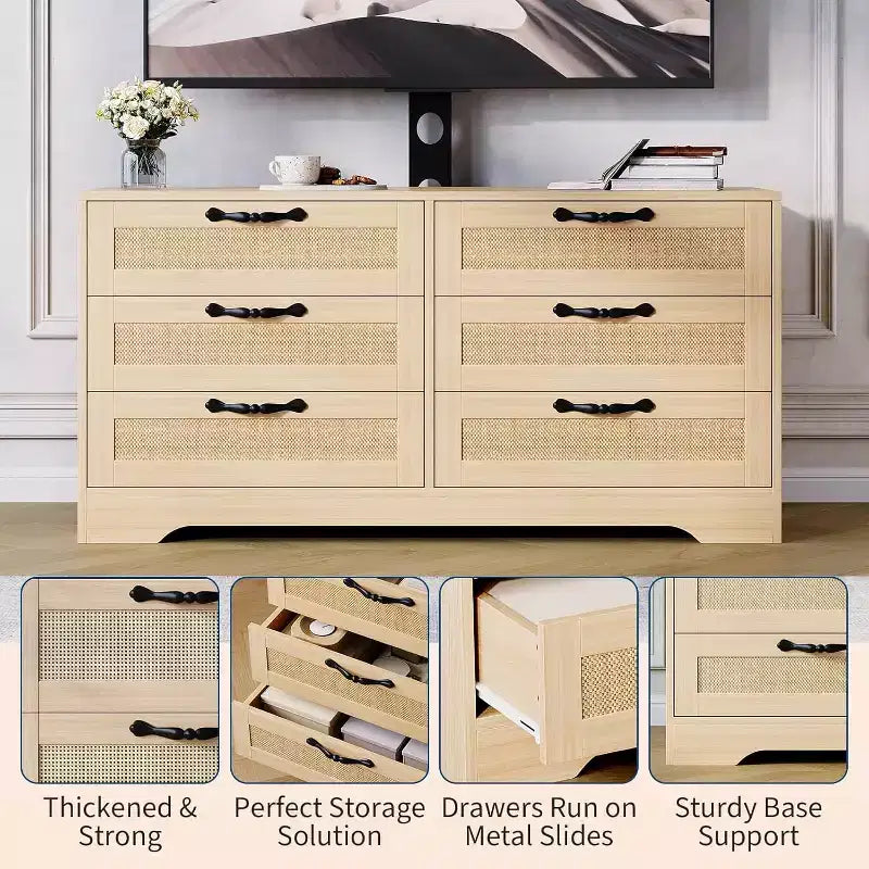 47.2 Inch Natural 6-Drawer TV Stand, Rattan Weave Entertainment Center for 32-85 Inch TVs, for Living Room, Easy Assembly