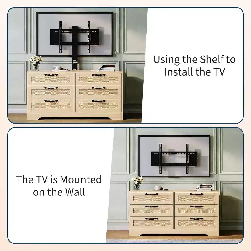 47.2 Inch Natural 6-Drawer TV Stand, Rattan Weave Entertainment Center for 32-85 Inch TVs, for Living Room, Easy Assembly
