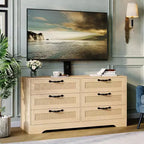 47.2 Inch Natural 6-Drawer TV Stand, Rattan Weave Entertainment Center for 32-85 Inch TVs, for Living Room, Easy Assembly