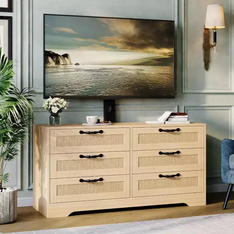 47.2 Inch Natural 6-Drawer TV Stand, Rattan Weave Entertainment Center for 32-85 Inch TVs, for Living Room, Easy Assembly