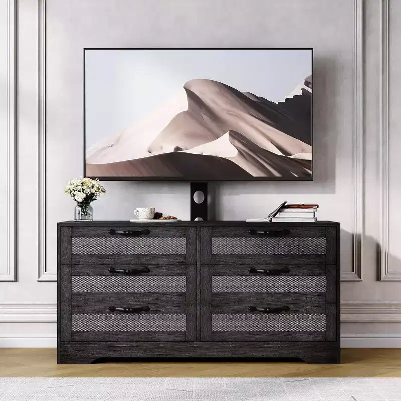 47.2 Inch Natural 6-Drawer TV Stand, Rattan Weave Entertainment Center for 32-85 Inch TVs, for Living Room, Easy Assembly