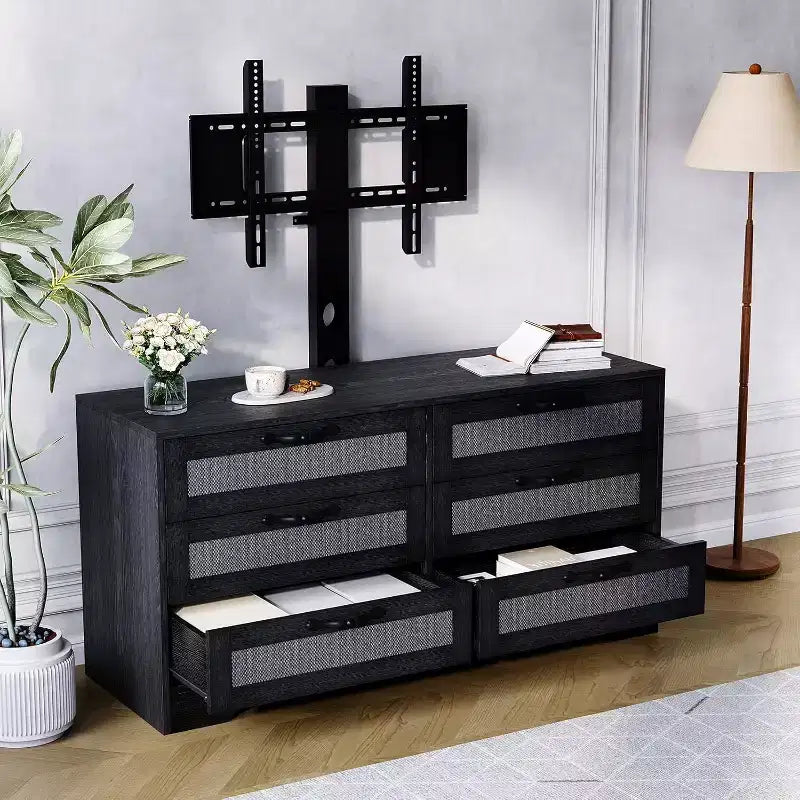 47.2 Inch Natural 6-Drawer TV Stand, Rattan Weave Entertainment Center for 32-85 Inch TVs, for Living Room, Easy Assembly