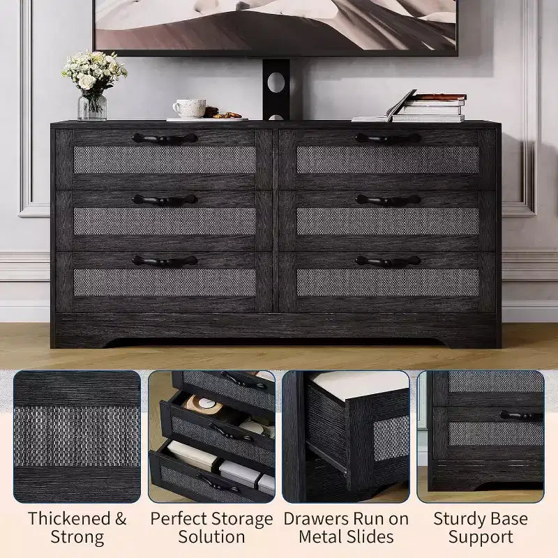 47.2 Inch Natural 6-Drawer TV Stand, Rattan Weave Entertainment Center for 32-85 Inch TVs, for Living Room, Easy Assembly