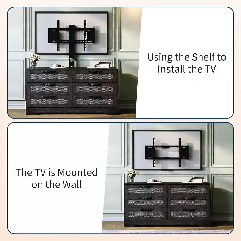 47.2 Inch Natural 6-Drawer TV Stand, Rattan Weave Entertainment Center for 32-85 Inch TVs, for Living Room, Easy Assembly