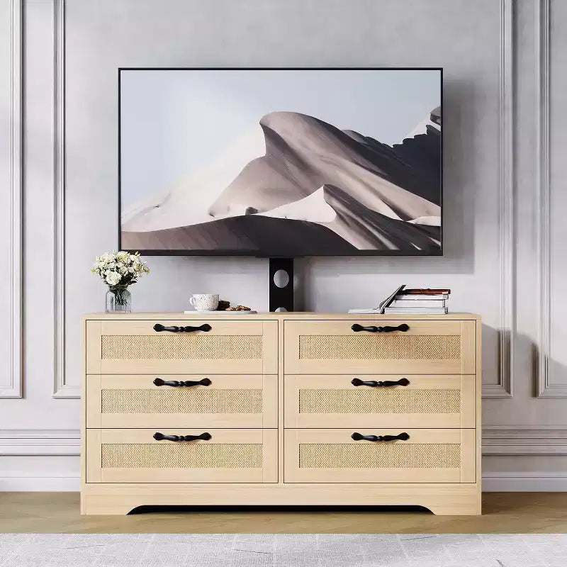 47.2 Inch Natural 6-Drawer TV Stand, Rattan Weave Entertainment Center for 32-85 Inch TVs, for Living Room, Easy Assembly
