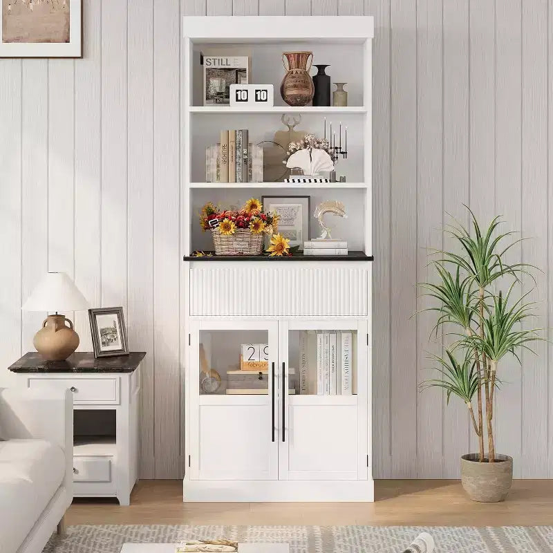 70 Tall Storage Cabinet, Semi-Open Storage with Drawer, 2 Glass Doors - 3 Adjustable Shelves, Versatile Floor, Kitchen Pantry Cabinet for Room