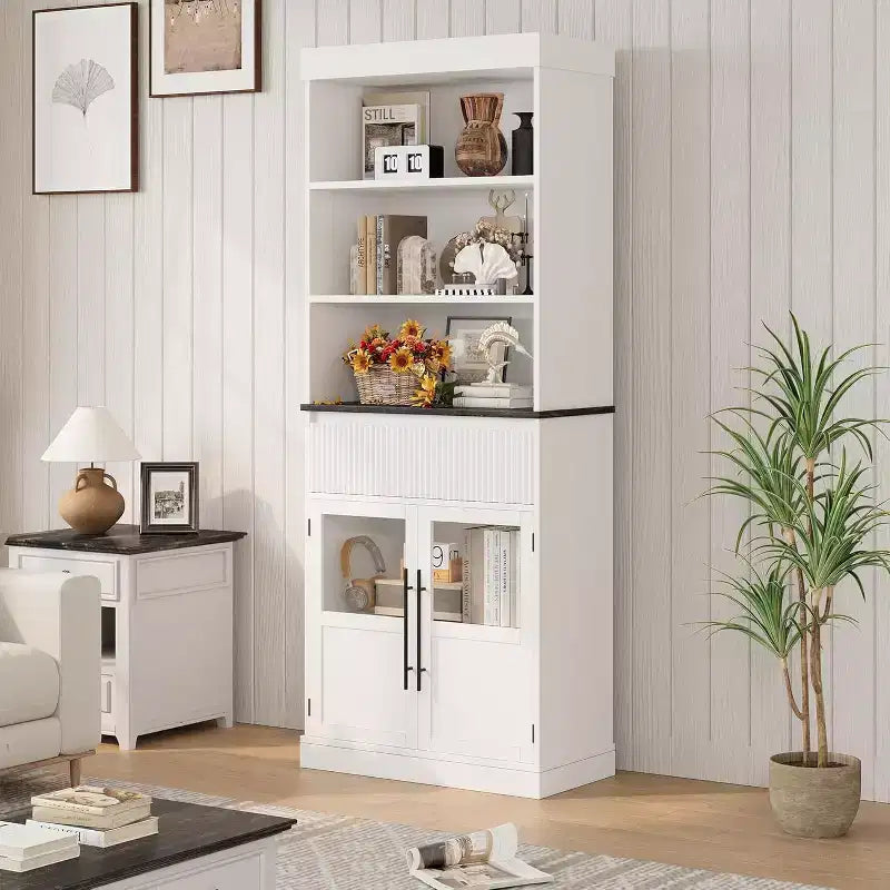 70 Tall Storage Cabinet, Semi-Open Storage with Drawer, 2 Glass Doors - 3 Adjustable Shelves, Versatile Floor, Kitchen Pantry Cabinet for Room
