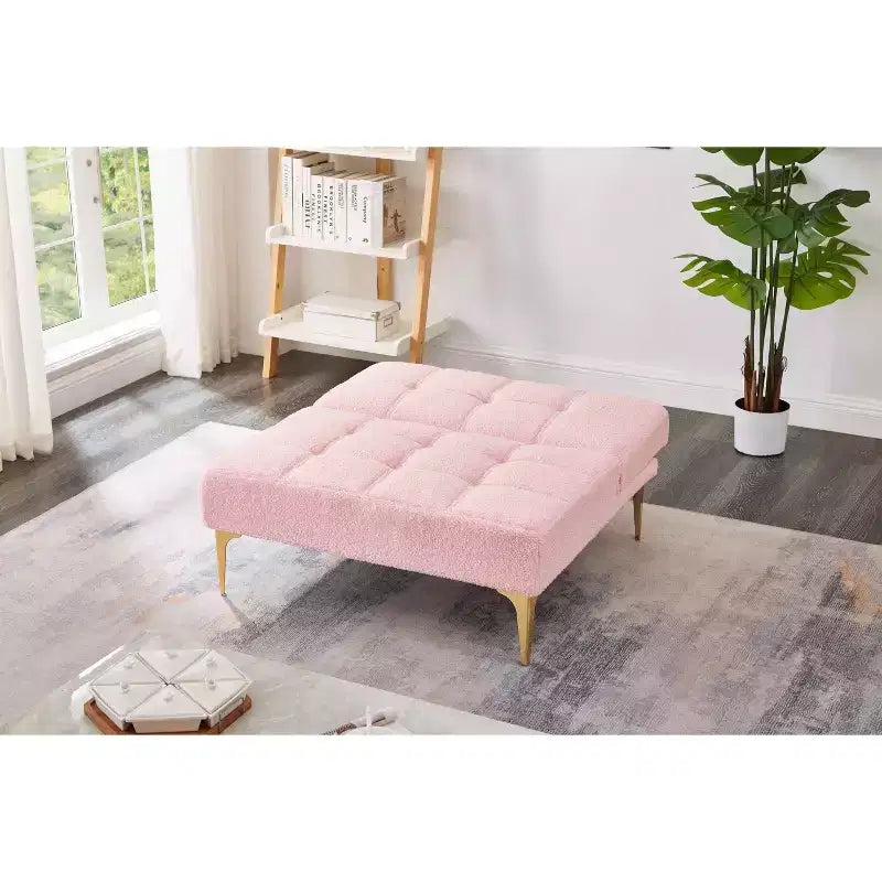 MAYEERTY Comfortable Teddy Fabric Futon Single Sofa Gold Metal Legs, Foam & Spring for Living Room Pink