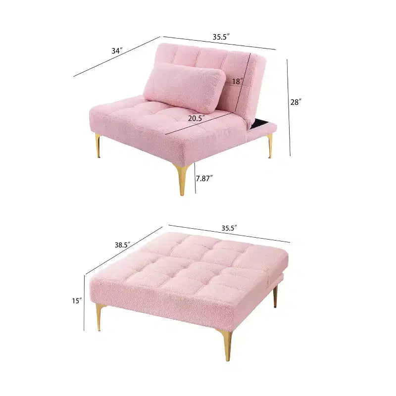 MAYEERTY Comfortable Teddy Fabric Futon Single Sofa Gold Metal Legs, Foam & Spring for Living Room Pink