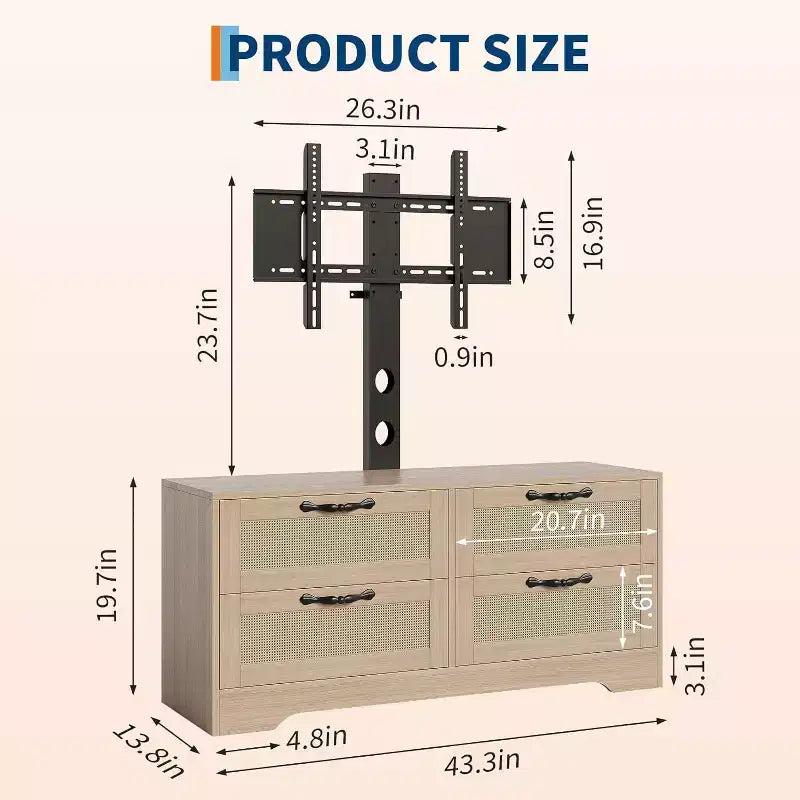 Rattan 4-Drawer TV Stand, Farmhouse Style for 70-Inch TVs, for Living Room, Easy Assembly