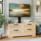 Rattan 4-Drawer TV Stand, Farmhouse Style for 70-Inch TVs, for Living Room, Easy Assembly