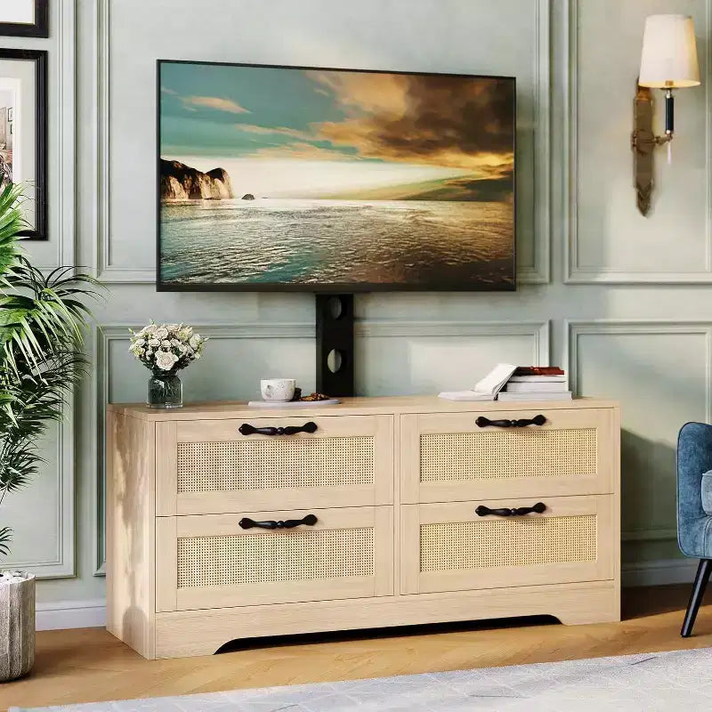 Rattan 4-Drawer TV Stand, Farmhouse Style for 70-Inch TVs, for Living Room, Easy Assembly