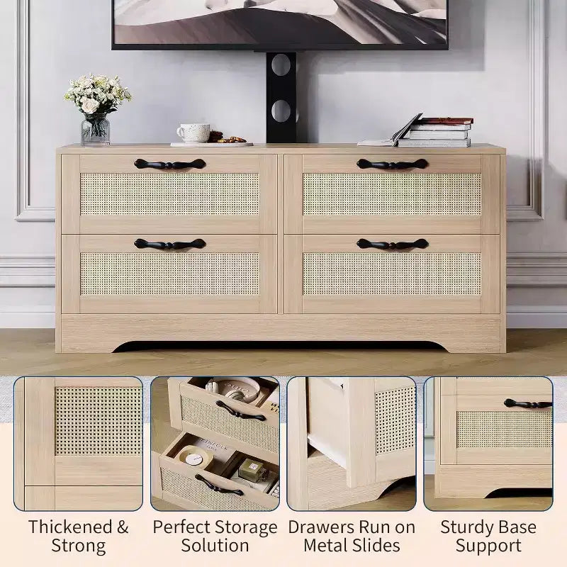 Rattan 4-Drawer TV Stand, Farmhouse Style for 70-Inch TVs, for Living Room, Easy Assembly
