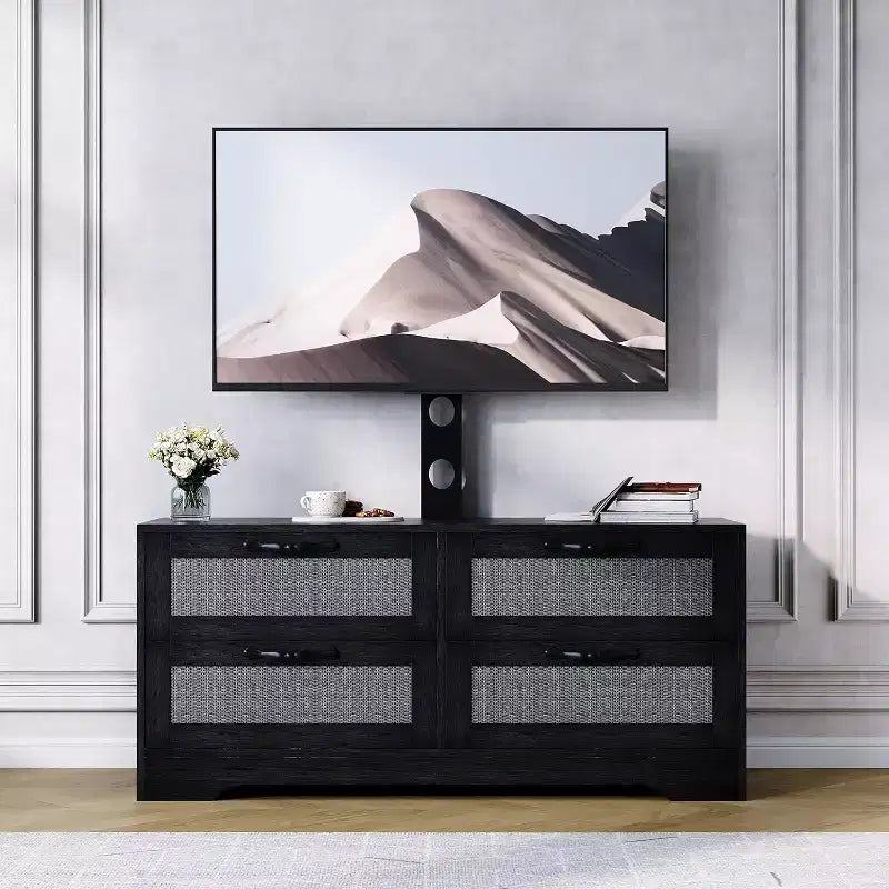 Rattan 4-Drawer TV Stand, Farmhouse Style for 70-Inch TVs, for Living Room, Easy Assembly