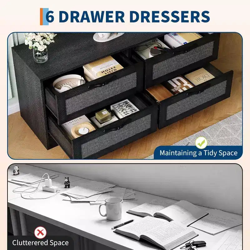 Rattan 4-Drawer TV Stand, Farmhouse Style for 70-Inch TVs, for Living Room, Easy Assembly