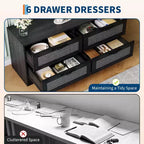 Rattan 4-Drawer TV Stand, Farmhouse Style for 70-Inch TVs, for Living Room, Easy Assembly