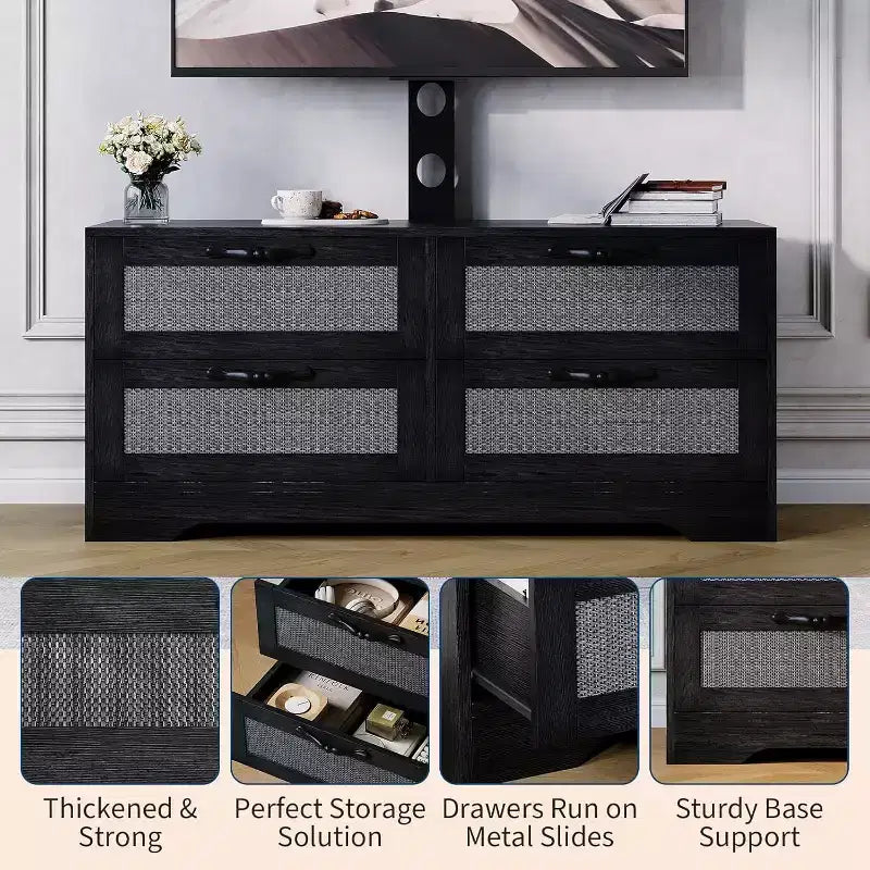 Rattan 4-Drawer TV Stand, Farmhouse Style for 70-Inch TVs, for Living Room, Easy Assembly