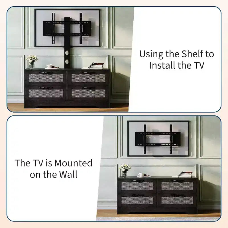 Rattan 4-Drawer TV Stand, Farmhouse Style for 70-Inch TVs, for Living Room, Easy Assembly