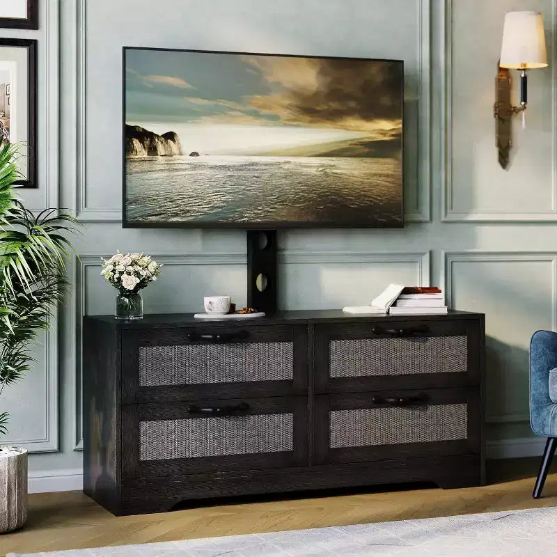 Rattan 4-Drawer TV Stand, Farmhouse Style for 70-Inch TVs, for Living Room, Easy Assembly