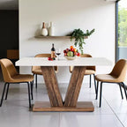 TUYOHW Farmhouse Dining Table for 4-6,Rectangular Kitchen Table with 1.57 Thick Top & Triangle Support,47.2 L,White+Brown