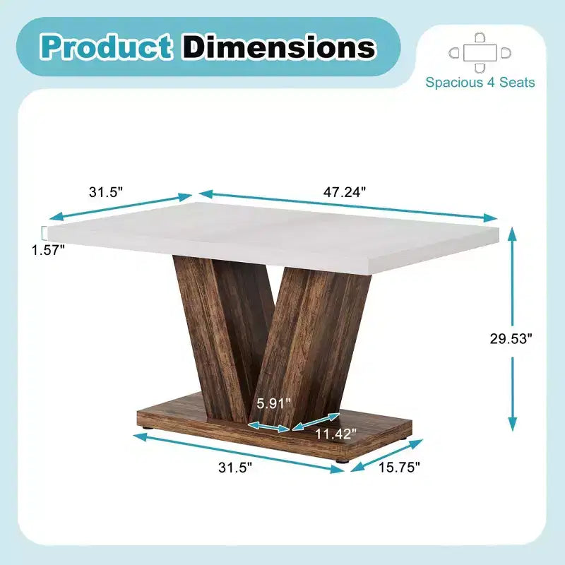 TUYOHW Farmhouse Dining Table for 4-6,Rectangular Kitchen Table with 1.57 Thick Top & Triangle Support,47.2 L,White+Brown