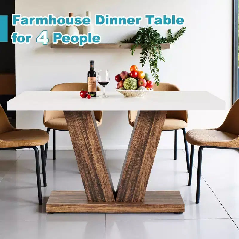 TUYOHW Farmhouse Dining Table for 4-6,Rectangular Kitchen Table with 1.57 Thick Top & Triangle Support,47.2 L,White+Brown