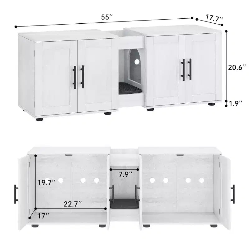 55 Double Litter Box Enclosure for 2 Cats, TV Stand, Waterproof Easy-Clean Surface, Cabinet Buckles & Storage Grooves, Pet Furniture for Living Room